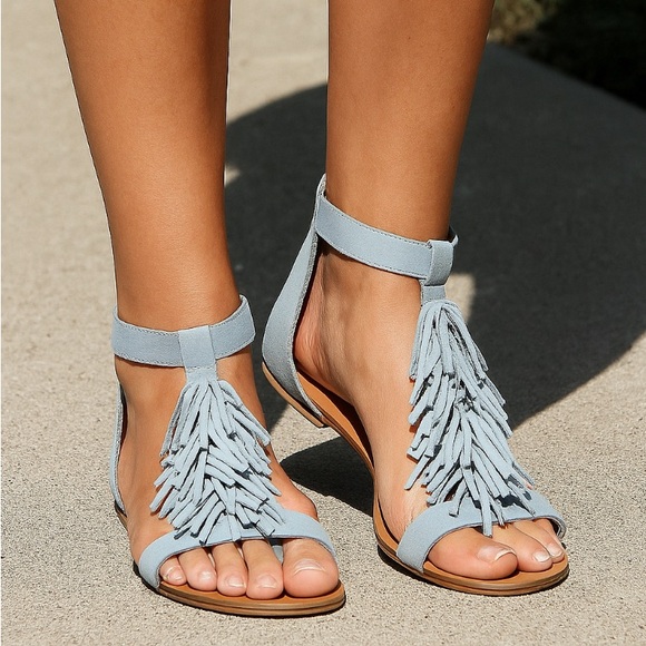 Sole Society Shoes - Sole Society Women's So-Koa Blue Suede Fringe Thong Sandal Size 8.5 Color: Blue